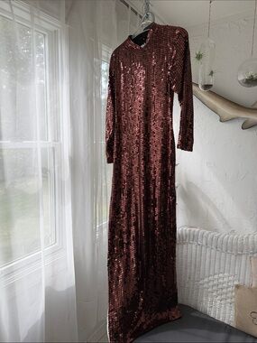 Vintage Sequin Long-Sleeve Maxi Dress in Copper Brown